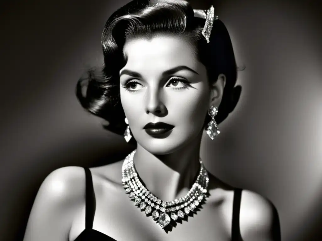 Retrato en blanco y negro de una glamorosa actriz de Hollywood de los años 50, con un impacto cultural en la evolución de la moda del diamante