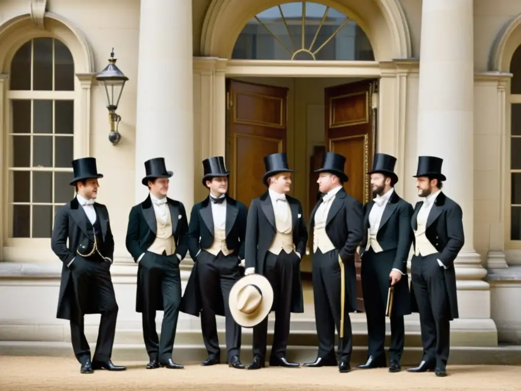 Un retrato en blanco y negro de hombres elegantes en trajes y sombreros de copa, del origen del estilo dandy masculino