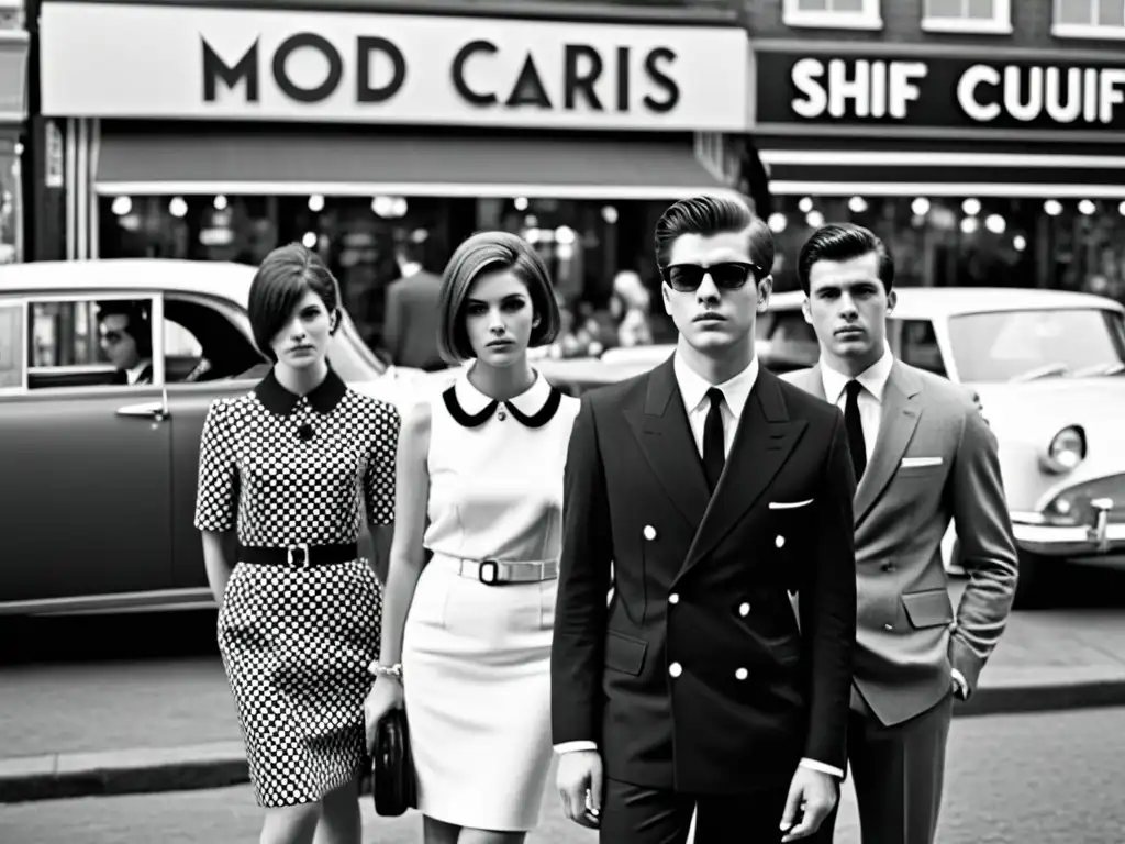 Un retrato en blanco y negro de jóvenes con estilo mod en la calle, evocando la influencia subcultura moda andrógina