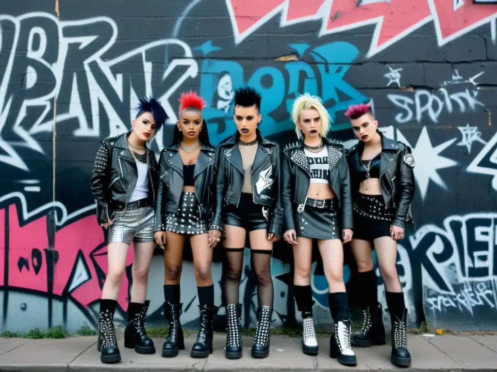 Un retrato en blanco y negro de jóvenes con estética punk frente a un muro graffiteado, reflejando rebeldía y no conformismo