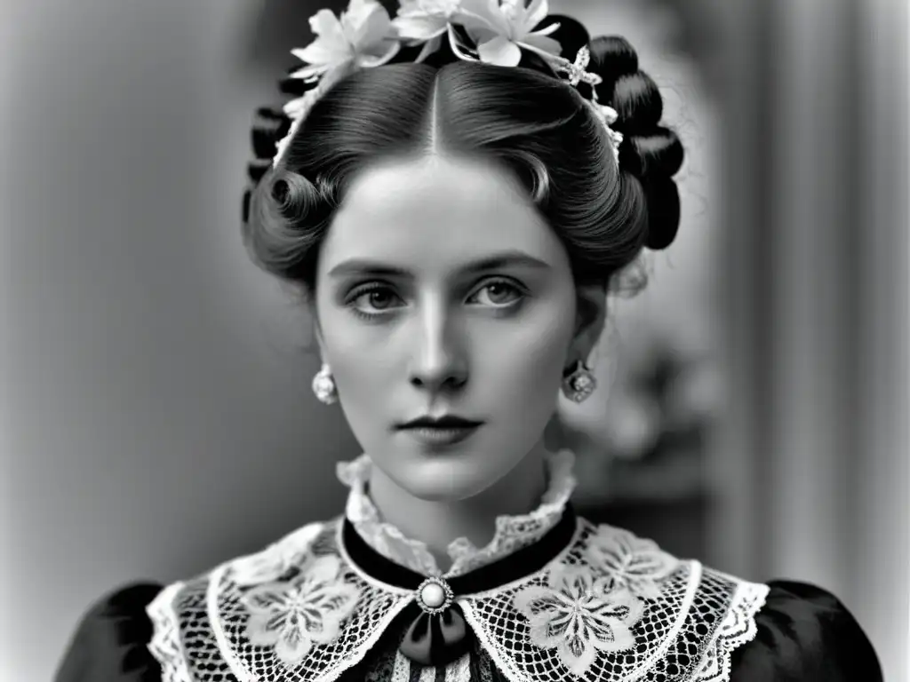 Retrato victoriano de mujer: elegancia y serenidad Retrato en blanco y negro de una mujer victoriana con un peinado elaborado, flores y cintas, reflejando la revolución belleza era victoriana