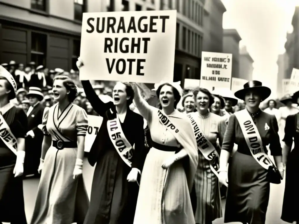 Un retrato en blanco y negro de mujeres marchando en un desfile sufragista, con vestidos largos, bandas y carteles que abogan por el voto femenino