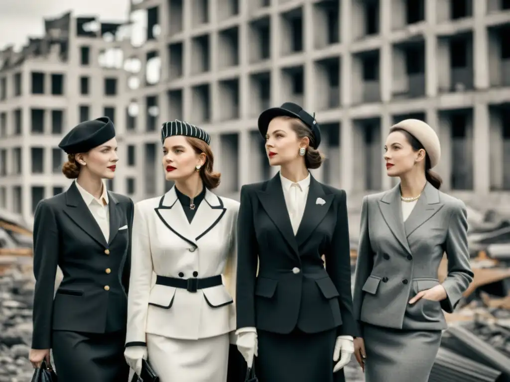 Un retrato en blanco y negro de mujeres elegantes en trajes de la posguerra, simbolizando la reconstrucción europea y la moda postguerra mundial