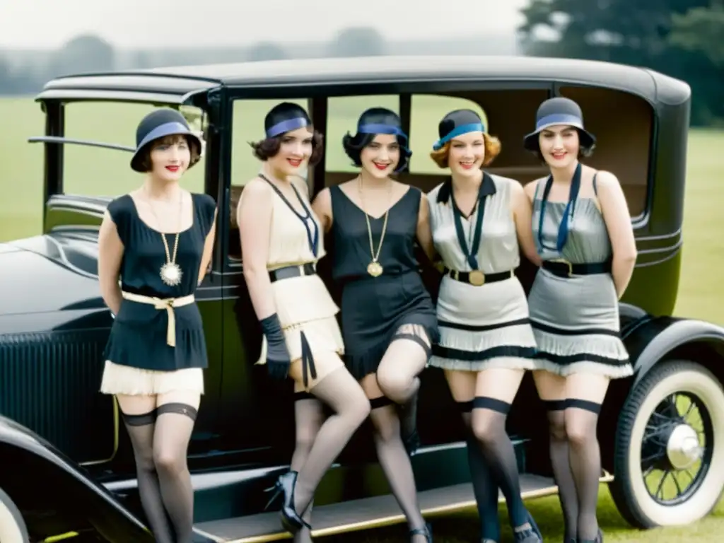 Un retrato en blanco y negro de mujeres de los años 20 con vestidos de flapper y ligas