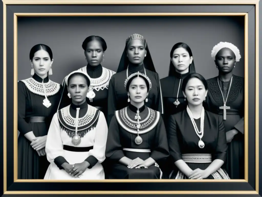 Un retrato en blanco y negro de mujeres vistiendo trajes de luto de diferentes culturas, mostrando la diversidad del vestuario de luto y su significado cultural