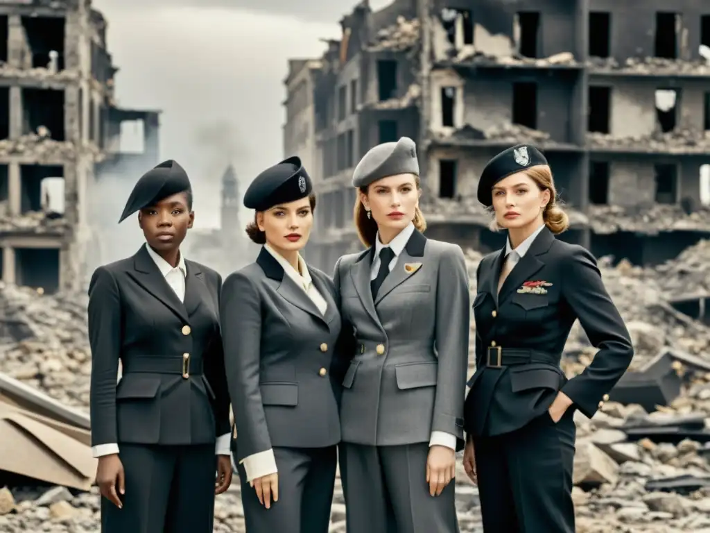 Un retrato en blanco y negro de mujeres usando trajes militares, con expresiones decididas frente a una ciudad destruida