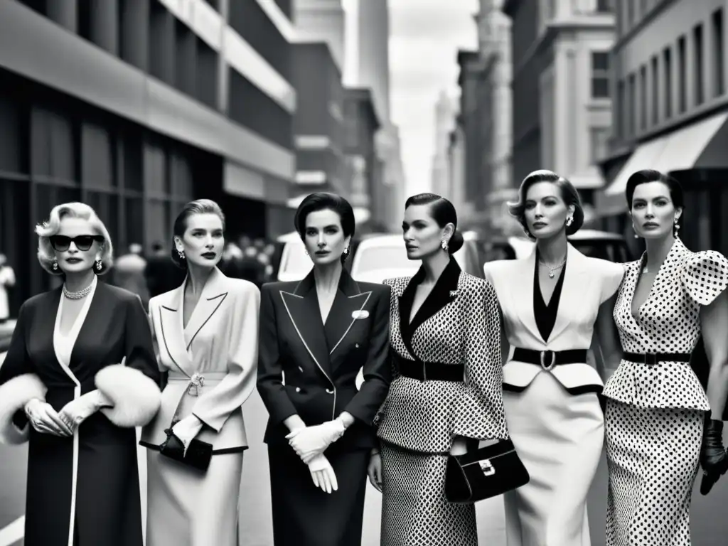 Mujeres icónicas de la moda: innovación y estilo atemporal Un retrato en blanco y negro de mujeres influyentes de la moda, representando distintas épocas, exudando elegancia y confianza en una ciudad