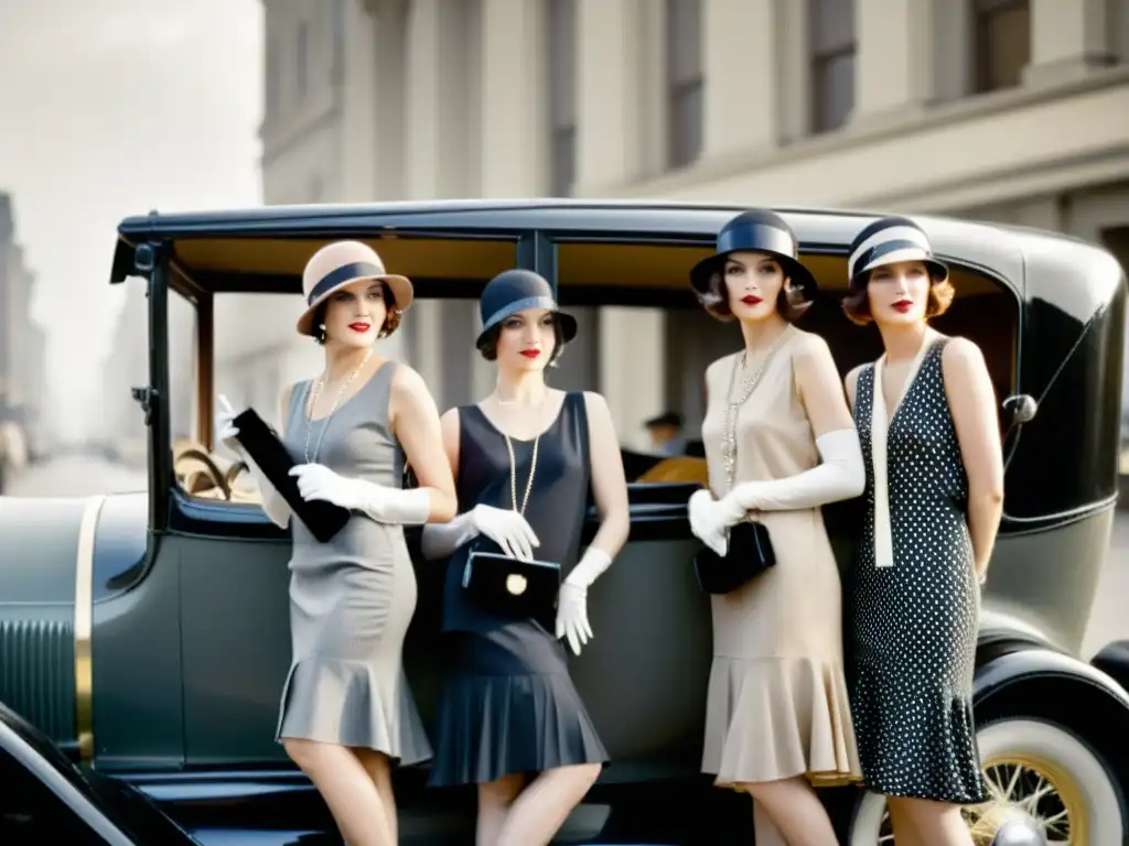 Un retrato en blanco y negro de mujeres flapper con vestidos de la moda femenina de los años 20, junto a un auto vintage