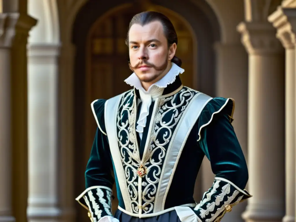 Retrato en blanco y negro de un noble del siglo XVII en un palacio opulento, destacando la evolución de la moda masculina