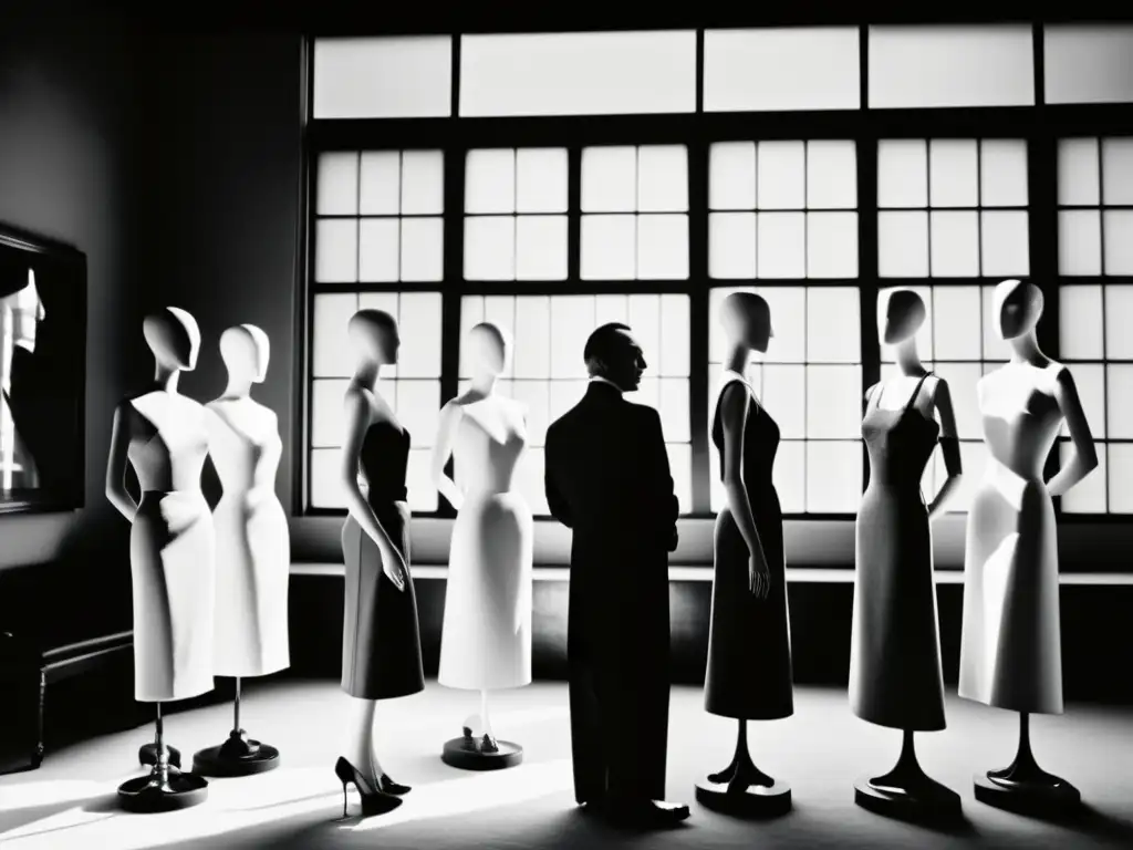 Retrato en blanco y negro de Cristóbal Balenciaga en su taller, rodeado de maniquíes con sus diseños icónicos