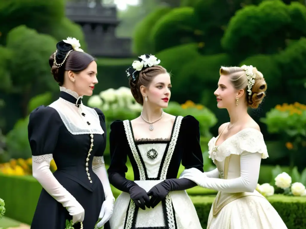 Conversación victoriana en el jardín: elegancia y sofisticación Un retrato detallado en blanco y negro de mujeres victorianas en un exuberante jardín