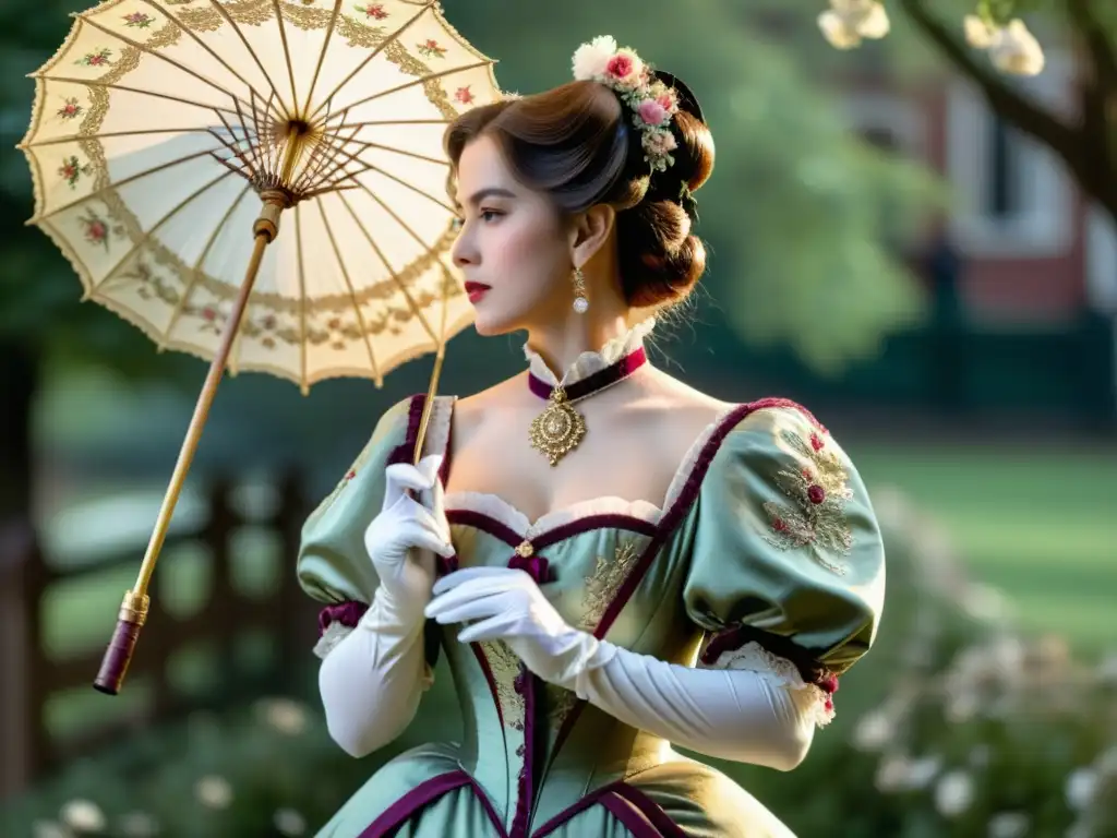 Retrato detallado de mujer victoriana con vestido lujoso, sosteniendo un parasol, rodeada de opulencia y elegancia