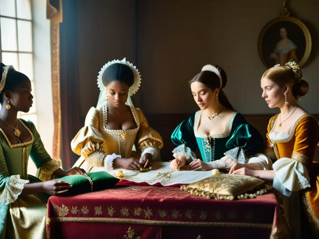 Conversación y costura: Mujeres del siglo XVII en opulentos vestidos Un retrato detallado en 8k de mujeres del siglo XVII en vestidos opulentos, con expresiones intensas y bordando