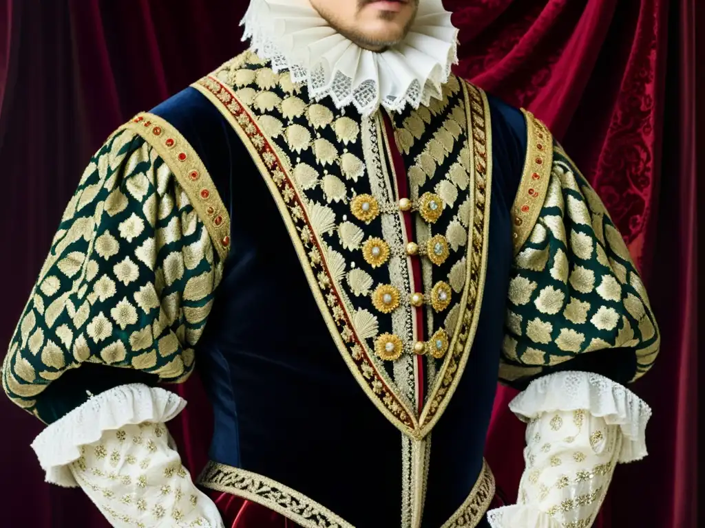 Retrato detallado de un noble en la corte del siglo XVI, vistiendo moda corte europea siglo XVI, con opulencia y elegancia regia en un lujoso palacio