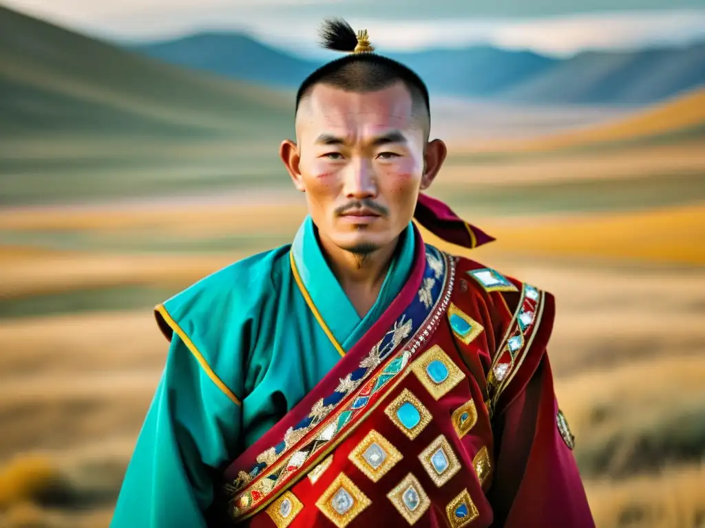 Retrato detallado de un nómada mongol en la extensa estepa dorada, vestido con vibrantes y detalladas vestimentas nómadas Mongolia que reflejan la belleza y resiliencia de su cultura