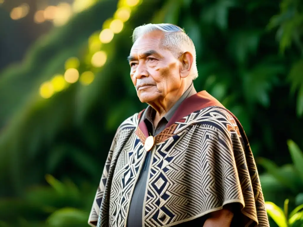 Un retrato documental de un anciano maorí con un manto de lino tradicional, destacando el significado de la vestimenta tradicional maorí