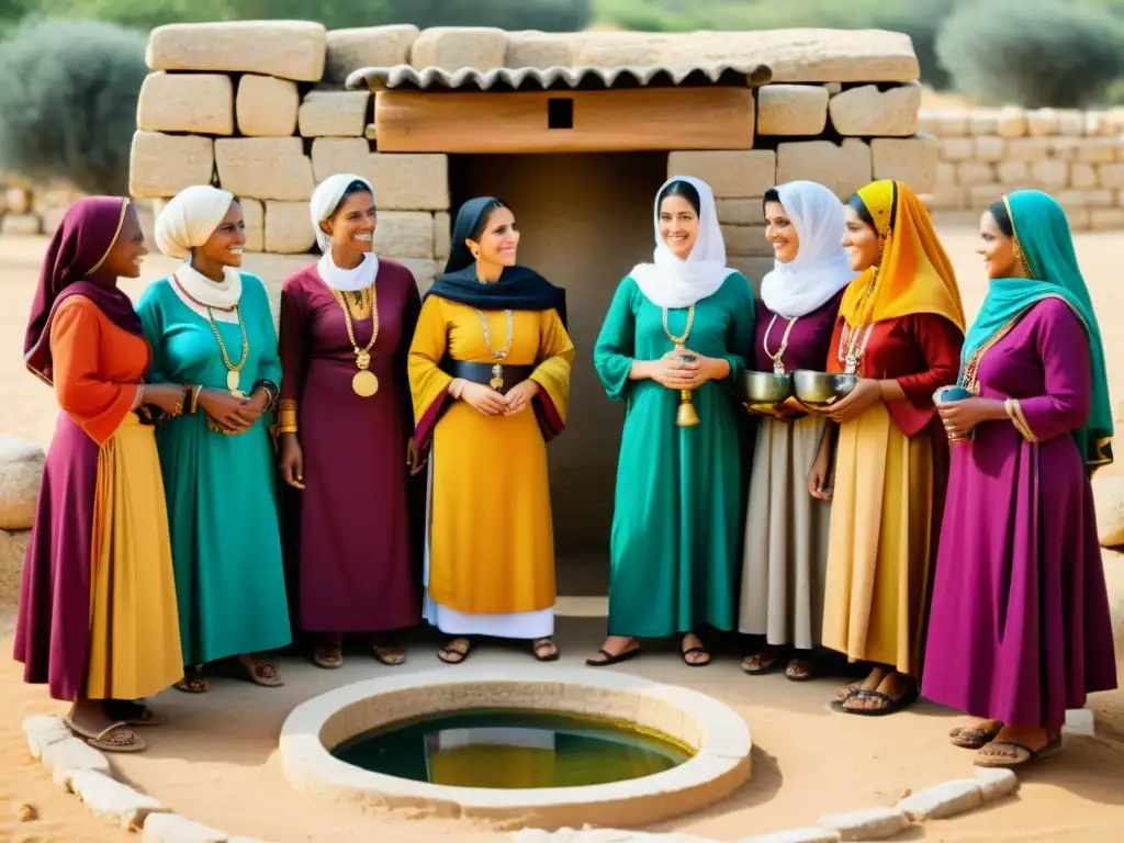 Un retrato documental de mujeres israelitas antiguas, reunidas alrededor de un pozo comunitario, vistiendo coloridas y variadas vestimentas tradicionales