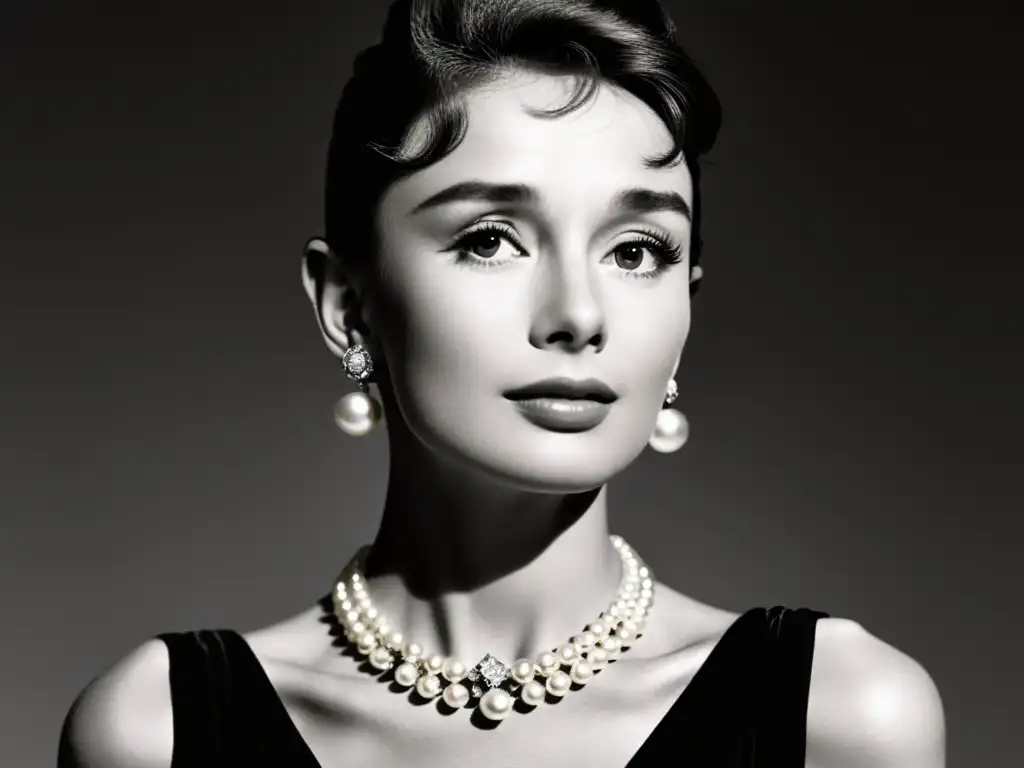 Retrato documental en alta resolución de Audrey Hepburn con perlas elegantes y un collar sofisticado, destacando su belleza icónica y atemporal