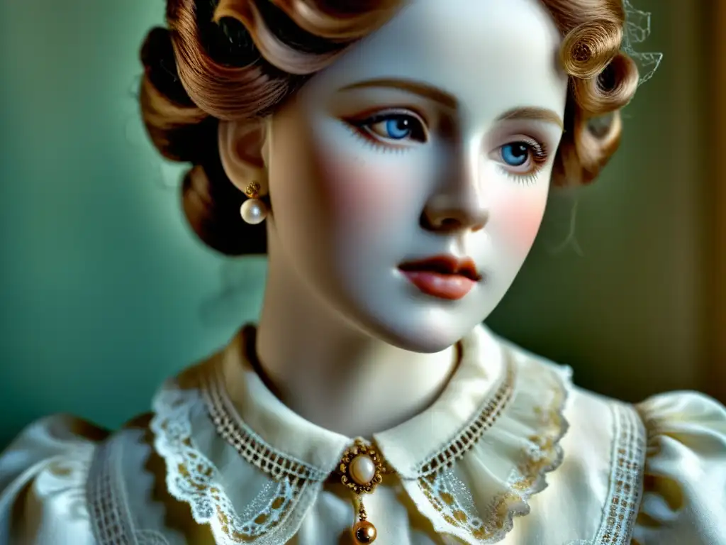 Rostro de muñeca victoriana: delicadeza y enigma Retrato de muñeca victoriana con expresión enigmática y detalles intrincados, capturando la revolución belleza era victoriana
