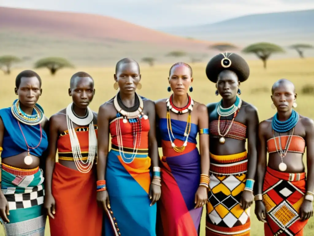 Un retrato de grupo de mujeres Maasai luciendo atuendos tradicionales y joyería meticulosamente decorada, en la vasta sabana