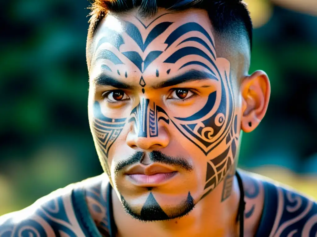 Retrato de un guerrero maorí con tatuajes faciales detallados, mostrando la importancia cultural de la pintura corporal en la historia