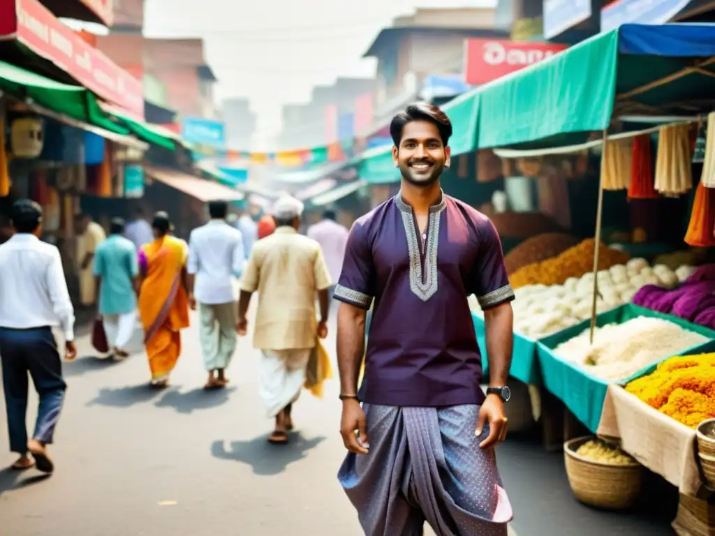 Un retrato de un hombre indio con vestuario masculino indio elegante, destacándose en un mercado bullicioso