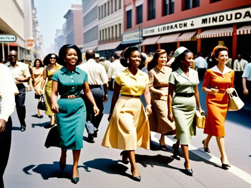 Un retrato del impacto cultural de la minifalda en los años 60, con mujeres seguras y coloridas en una bulliciosa calle de la ciudad