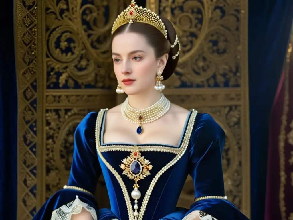 Retrato de moda corte europea siglo XVI, noble dama con elegante vestido azul, joyas y abanico en palacio real