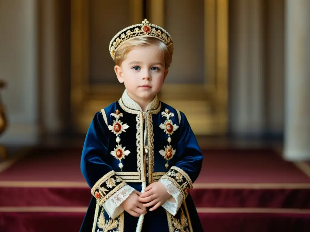 Retrato de moda infantil en la corte Renacimiento, con lujosos atuendos y ambiente de opulencia y grandiosidad