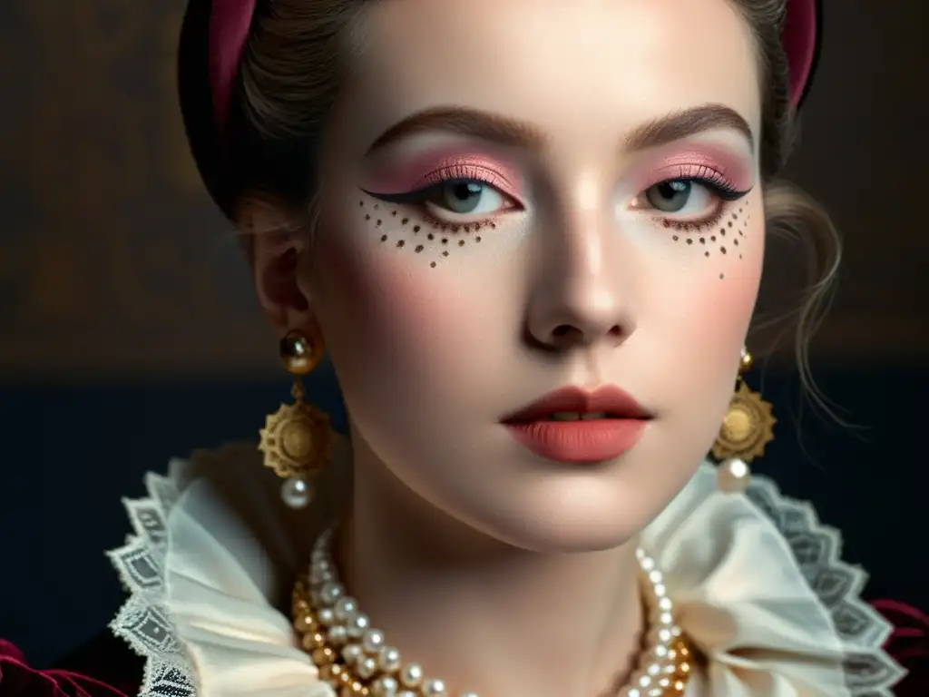 Retrato de una noble renacentista con maquillaje elaborado y sofisticado, reflejando las tendencias de moda y maquillaje del Renacimiento