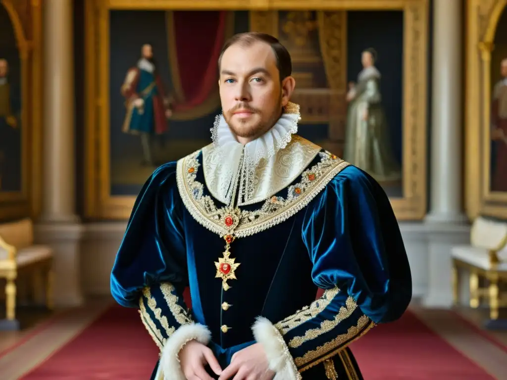 Retrato de un noble del siglo XVII en un salón decorado, con evolución moda masculina siglo XVII