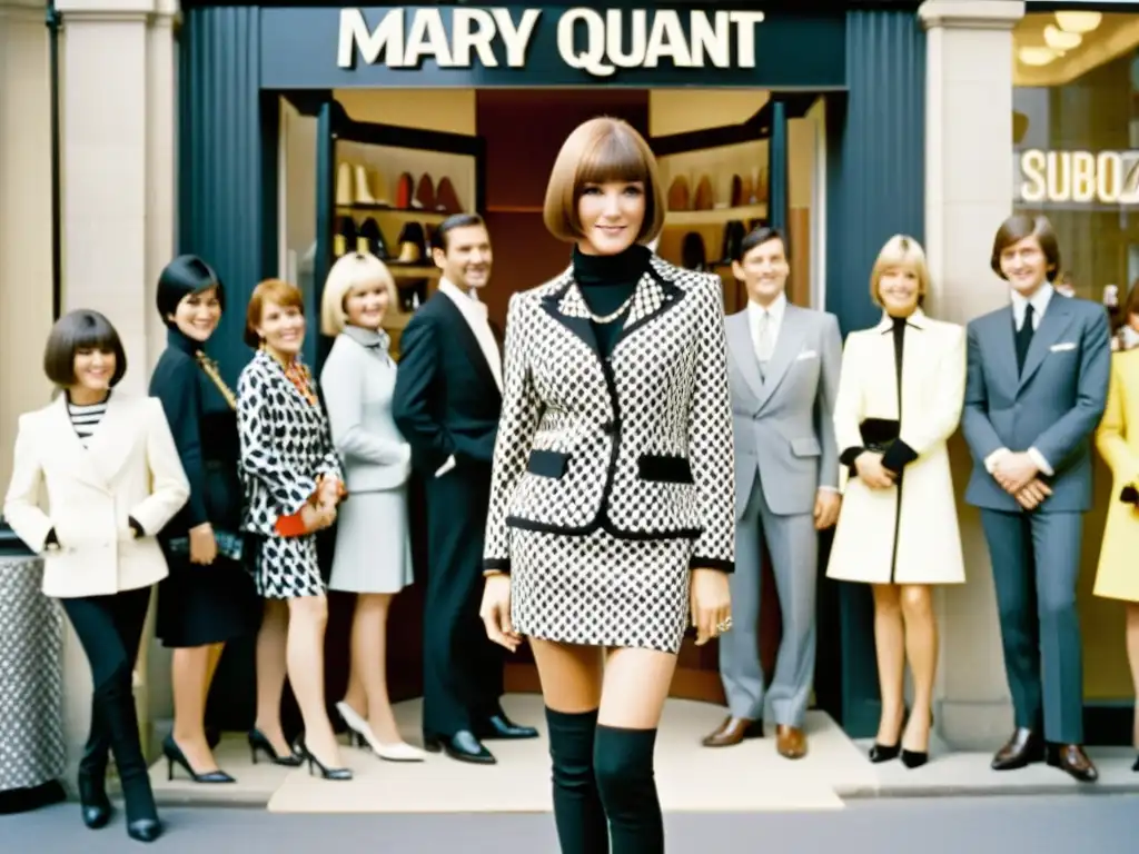 Mary Quant lidera la Revolución de la Mini en Londres, rodeada de mujeres con estilo en los 60, capturando su impacto en la moda haute couture