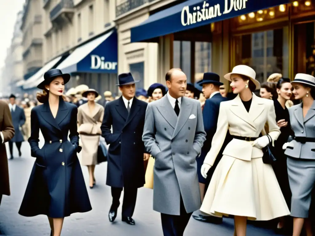 Christian Dior en París, rodeado de modelos luciendo su Renacimiento de la alta costura