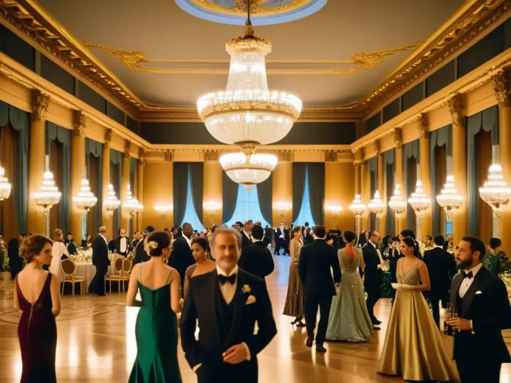 Salón de baile de la Belle Époque, con luces cálidas y decoración opulenta