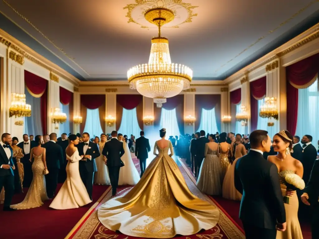 Salón de baile opulento con influencia rusa en la alta moda, luz dorada y elegancia refinada en trajes y vestidos