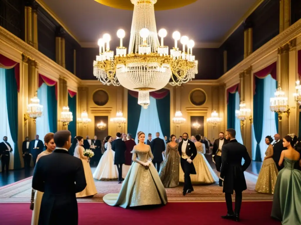 Salón de baile opulento con nobles vestidos elegantemente, reflejando la influencia de la moda francesa en la alta sociedad