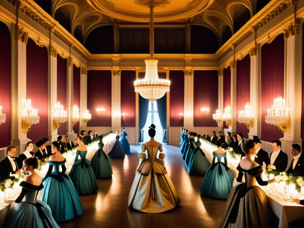 Salón de baile en palacio europeo del siglo XVII con moda femenina en evolución, iluminado por candelabros