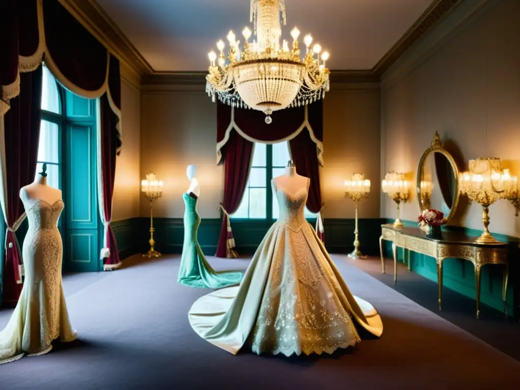 Un salón de baile parisino histórico con maniquíes luciendo exquisitos vestidos de alta costura, iluminados por deslumbrantes candelabros