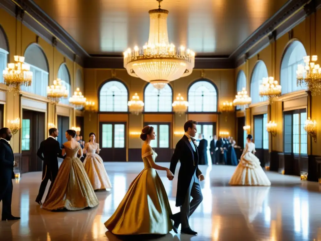 Salón de baile del siglo XIX, elegante y refinado, con moda de eventos sociales de la época y música clásica en vivo