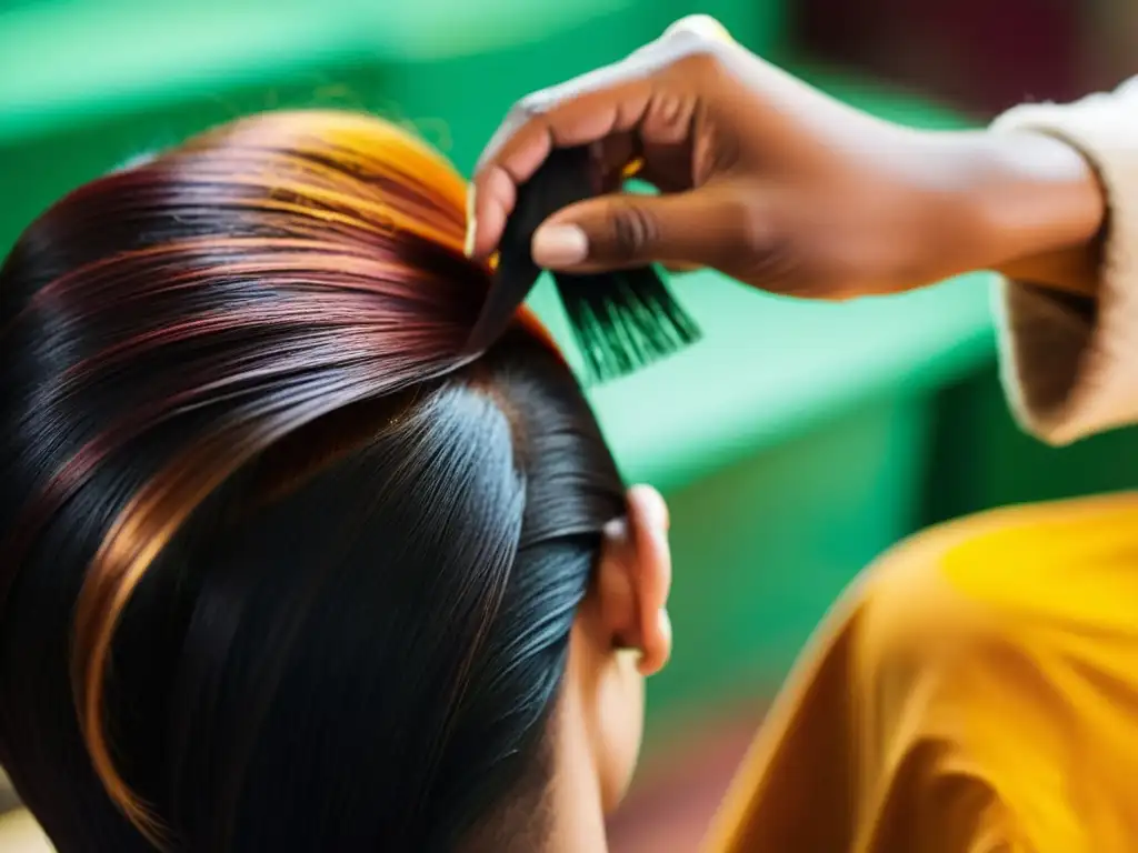 Un salón de belleza tradicional en una ciudad bulliciosa, donde se aplica henna natural al cabello de una cliente