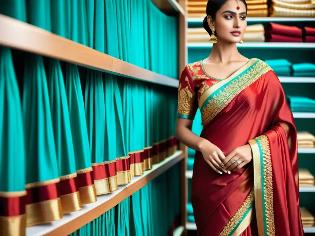 Un sari de seda bordado en tonos vibrantes de rojo, oro y turquesa destaca la artesanía y la historia de la moda india, evocando su impacto global