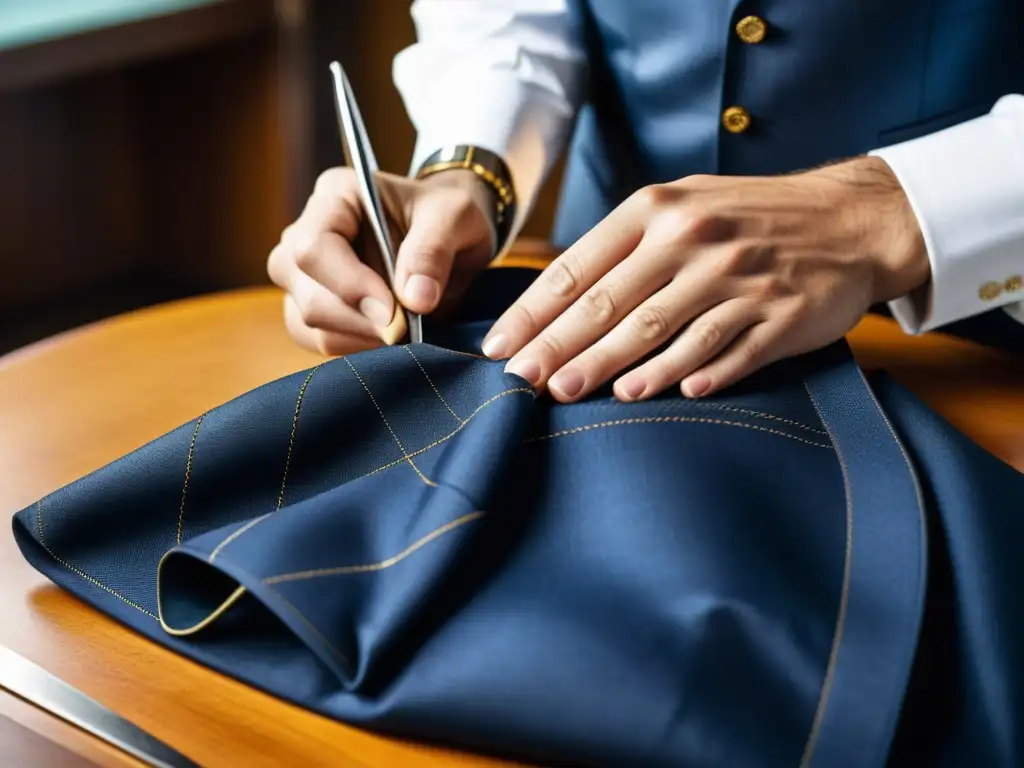 Un sastre experto confeccionando un traje de alta costura masculina de lujo, mostrando detalle y artesanía