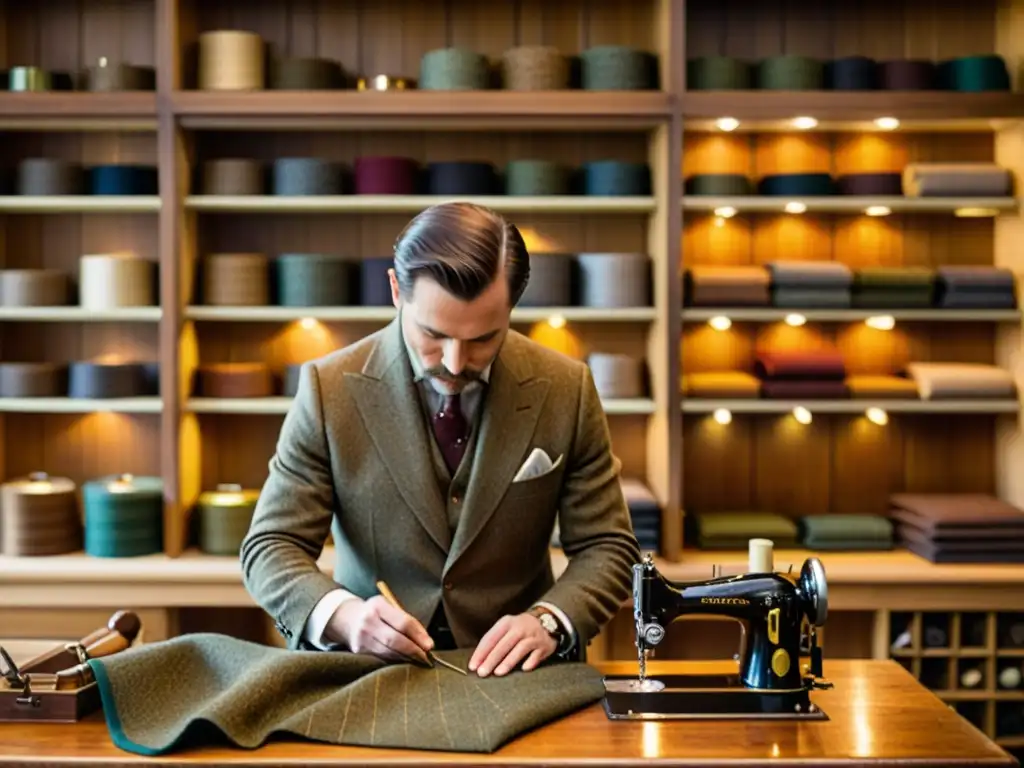 Un sastre habilidoso confecciona un traje de tweed a medida en un taller de sastrería británica tradicional, rodeado de tejidos tradicionales indumentaria masculina británica en tonos terrosos