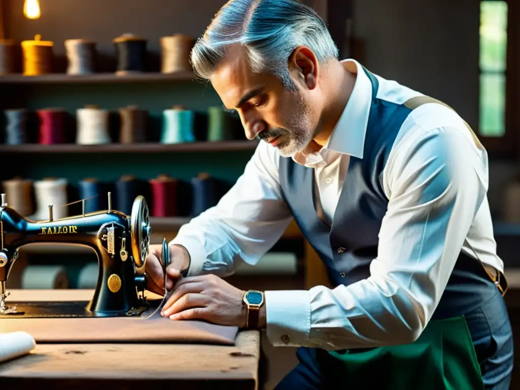 Un sastre italiano con historia de la moda en Italia, confeccionando a mano un traje a medida en su taller rústico