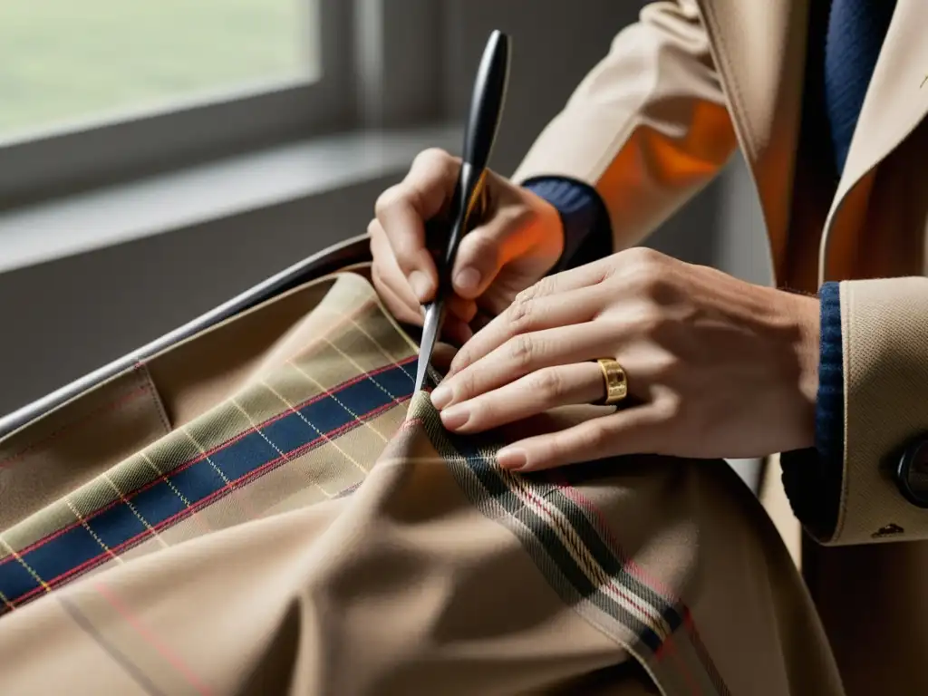 Un sastre cosiendo a mano el icónico estampado de Burberry en el cuello de un elegante trench coat