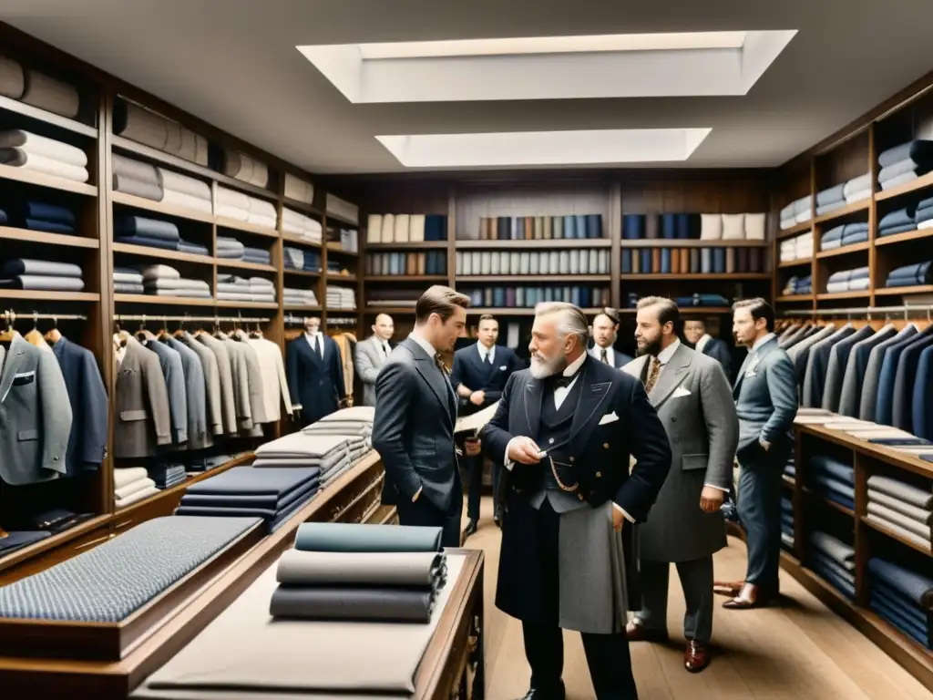 En una sastrería del siglo XIX, hombres bien vestidos toman medidas y discuten telas mientras el maestro sastre ajusta a un cliente