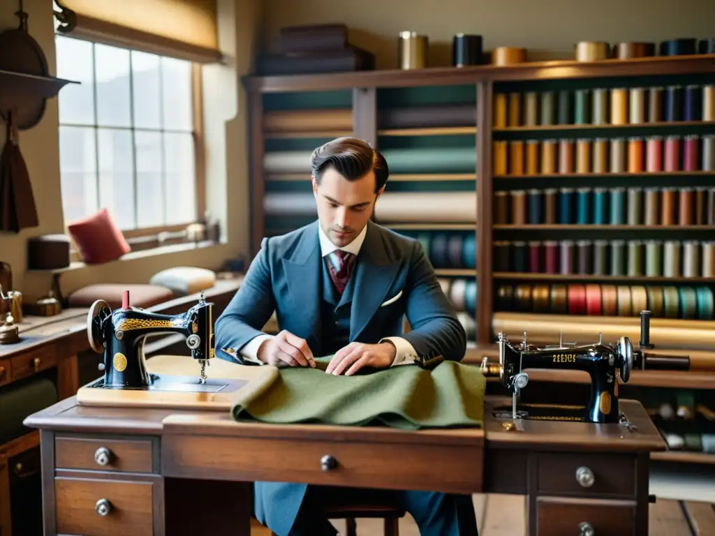 Sastrería en el siglo XIX: Un sastre experto confecciona a mano un traje a medida en un taller lleno de herramientas y telas vintage