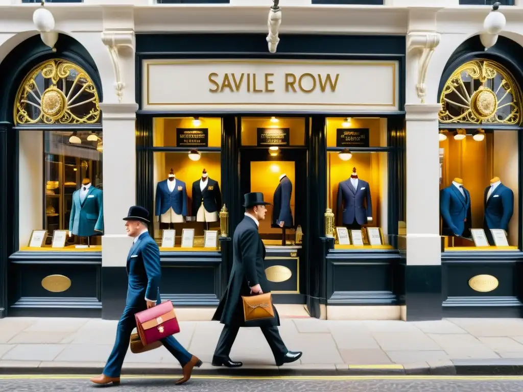 Savile Row muestra la historia y lujo de la sastrería, con elegantes tiendas y clientes ataviados en un escenario lleno de elegancia atemporal