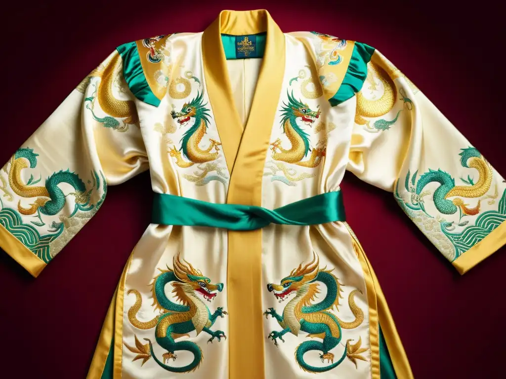 Robe de seda imperial con bordados de dragones y fénix, reflejando la opulencia y legado de la Ruta de la Seda en la moda