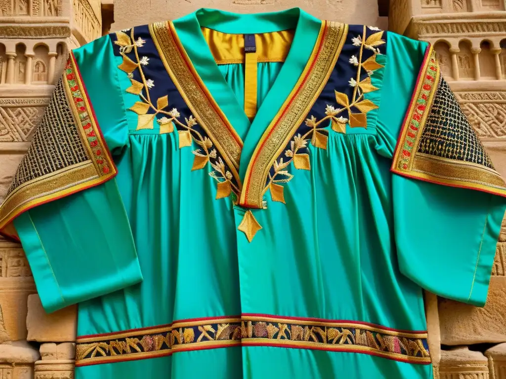 Robe de seda de Mesopotamia con telas lujosas en la vestimenta, exhibida en ruinas palaciegas antiguas, evocando opulencia y elegancia cultural